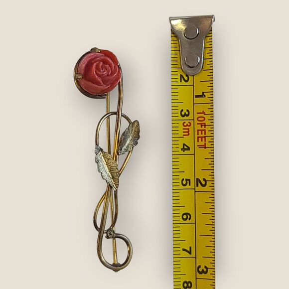 Vintage Antique Gold Metal Rose Flower Brooch Pin with Red Dimensional Bloom - Picture 11 of 11